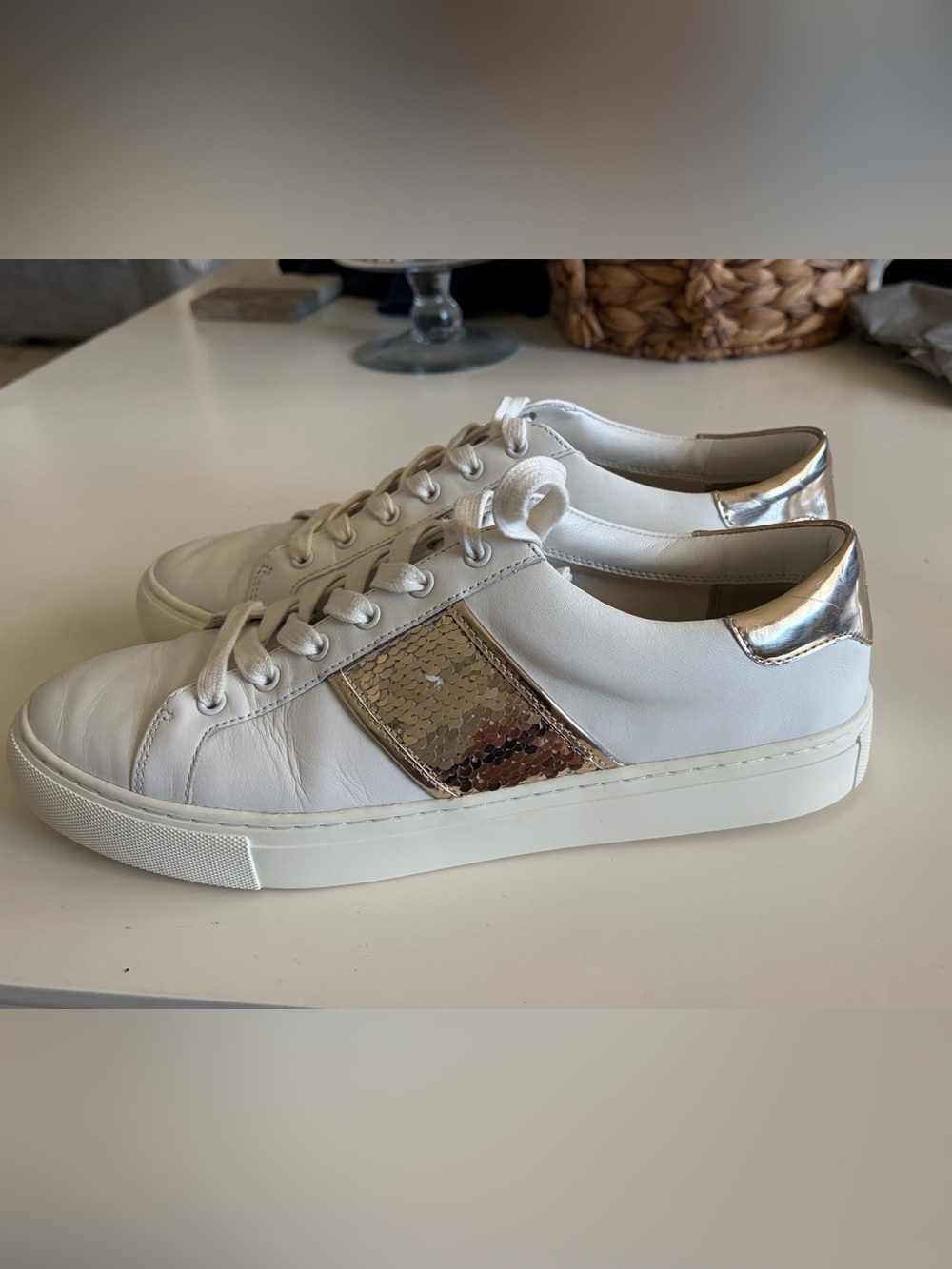 Tory Burch White Leather Sneakers with Gold Sequin Panel